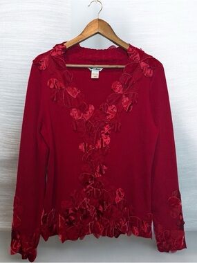 Vintage Nygard Silk Blend Red Floral Appliqué Sweater Womens L Y2K 3D Flowers
